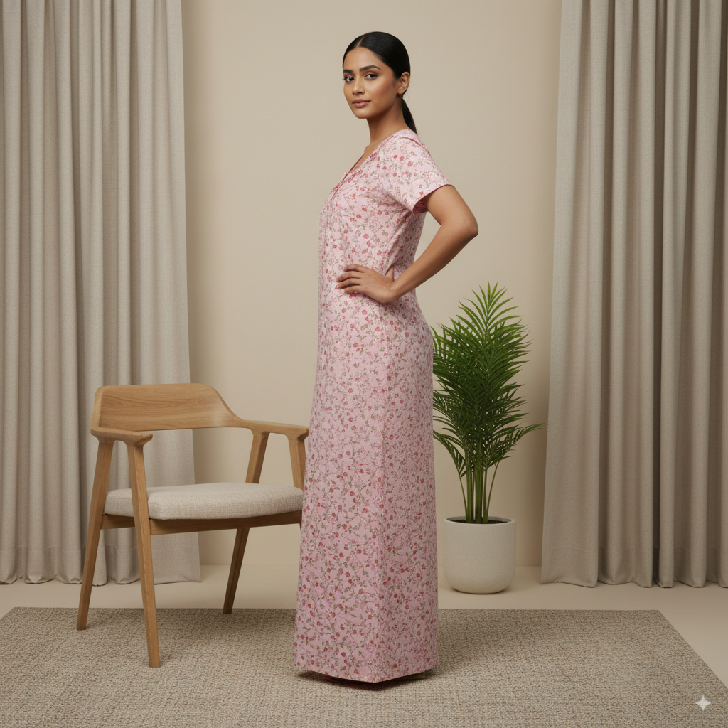 Floral Printed Pink Women’s Nighty with Embroidered Neckline