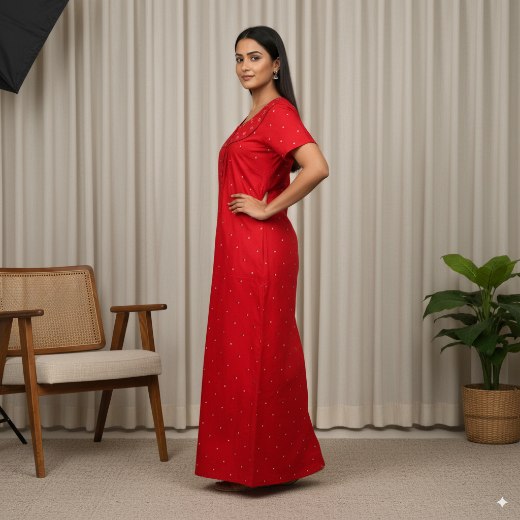 Red Floral Embroidered Cotton Nighty