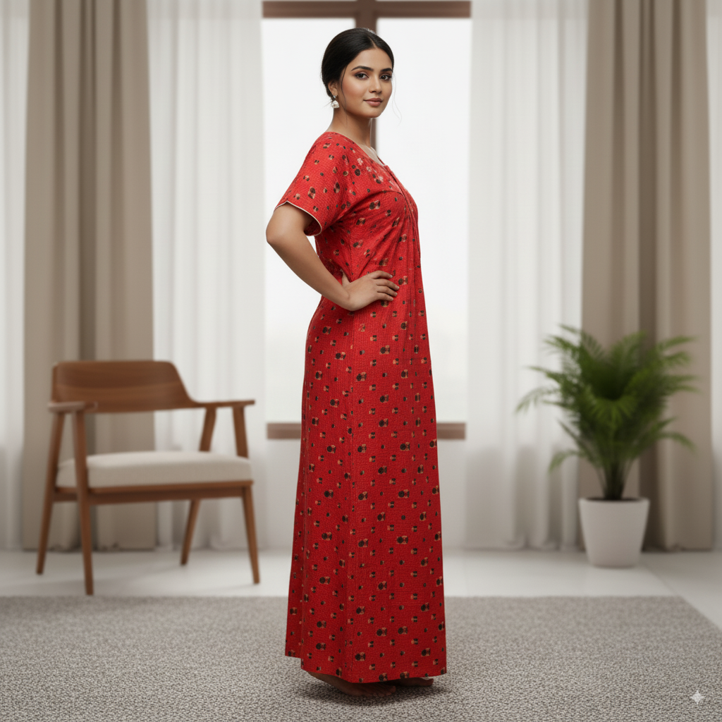 Red Cotton Nighty with Floral Embroidery and Geometric Print
