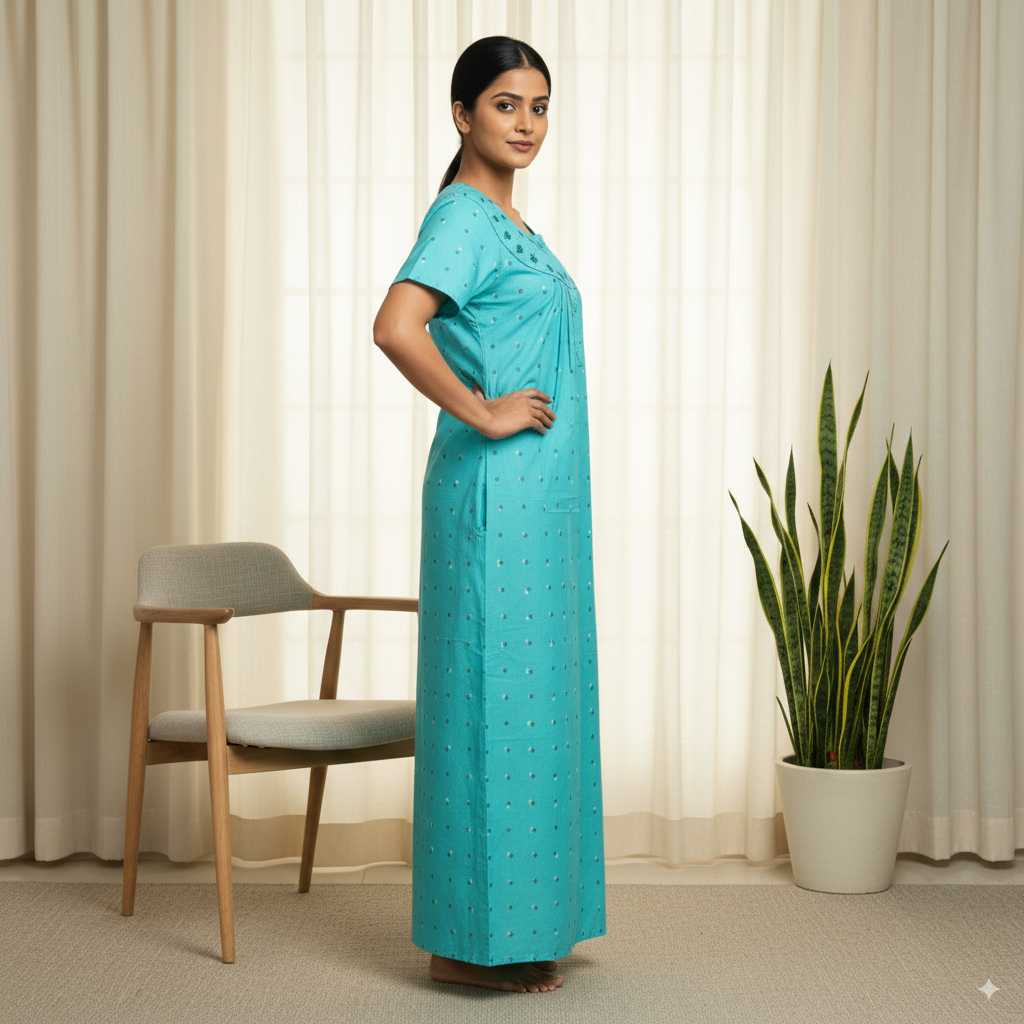 Women’s Aqua-Teal Star-Dot Nighty with Contrast Yoke & Short Sleeves