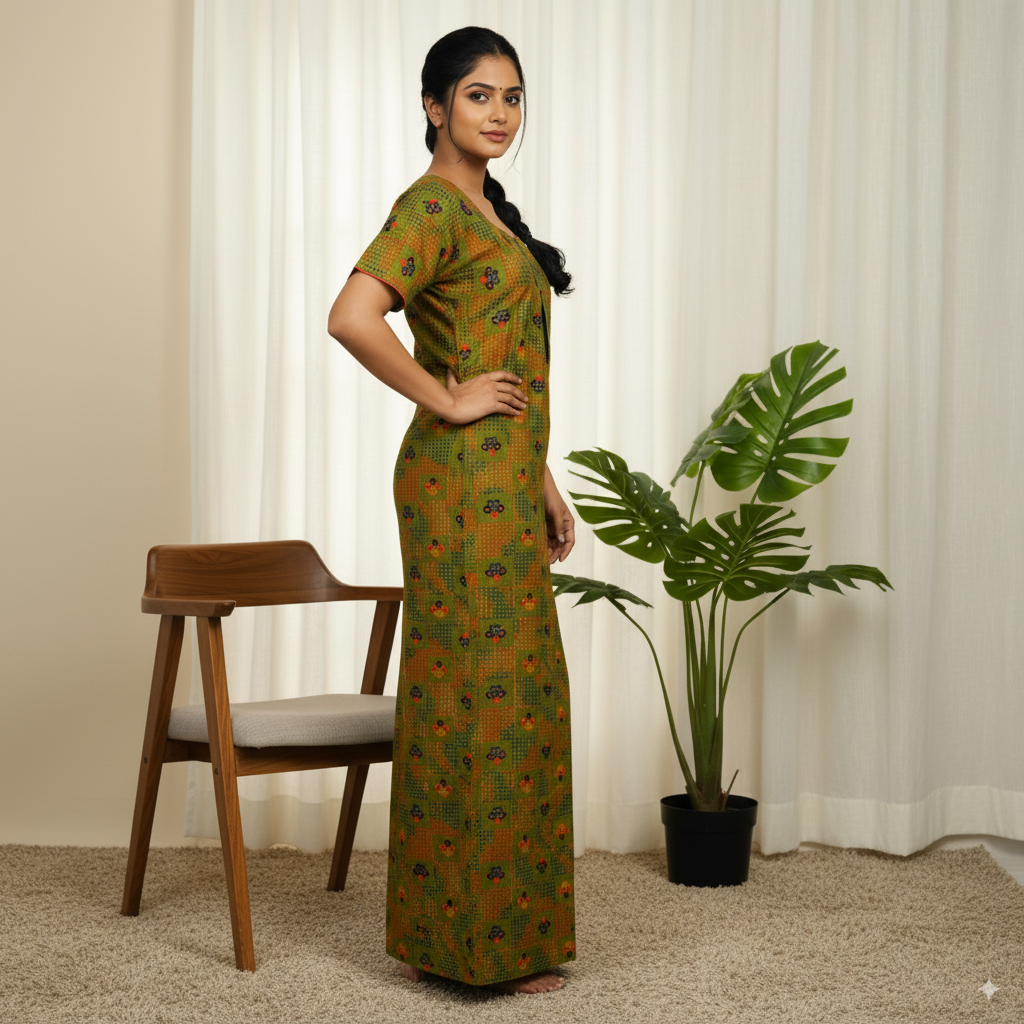 Olive Green Floral Printed Cotton Nighty