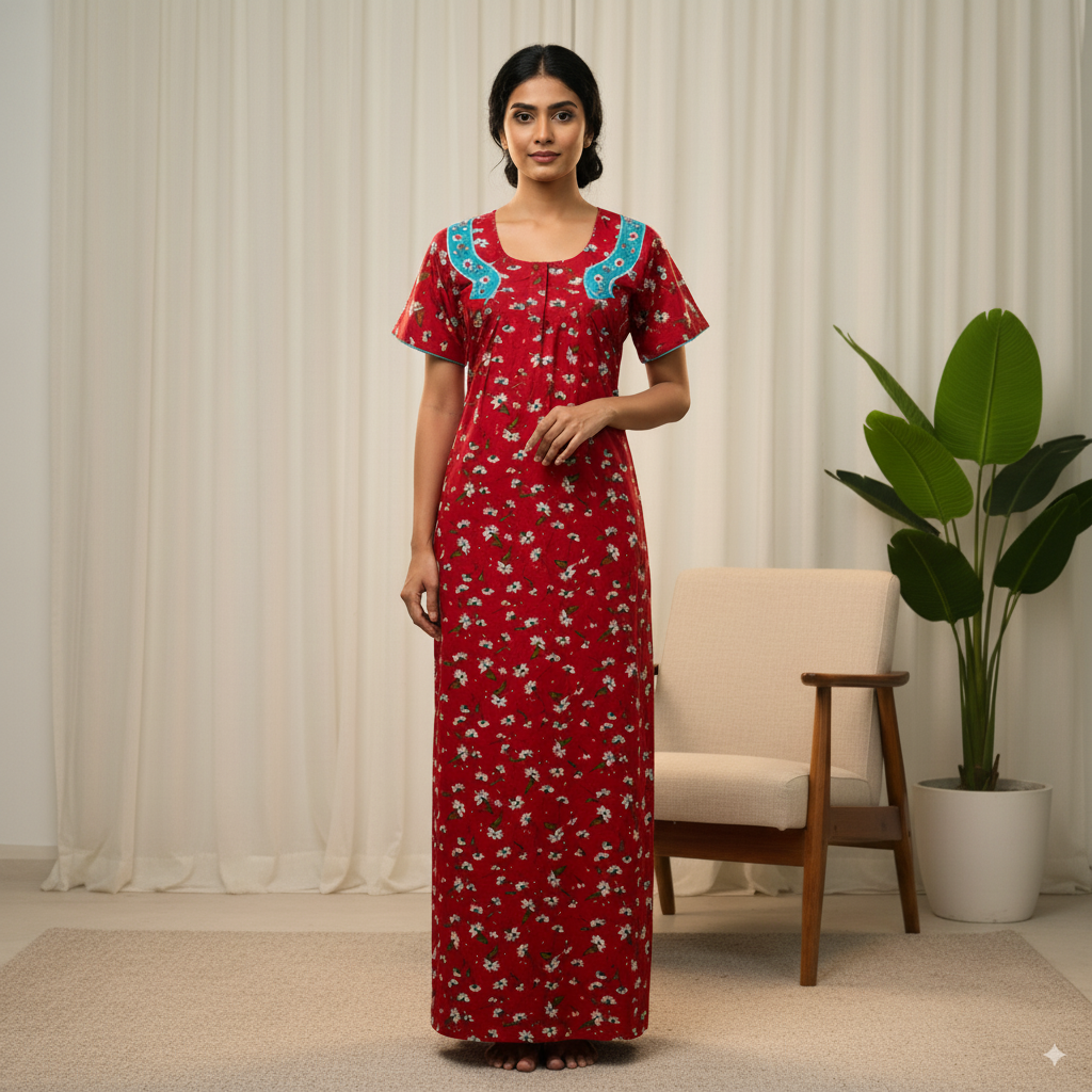 Red Floral Cotton Nighty with Blue Embroidered Neck Panel