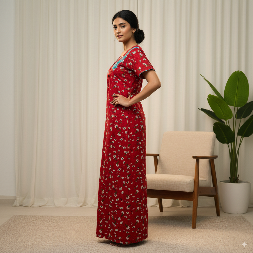 Red Floral Cotton Nighty with Blue Embroidered Neck Panel