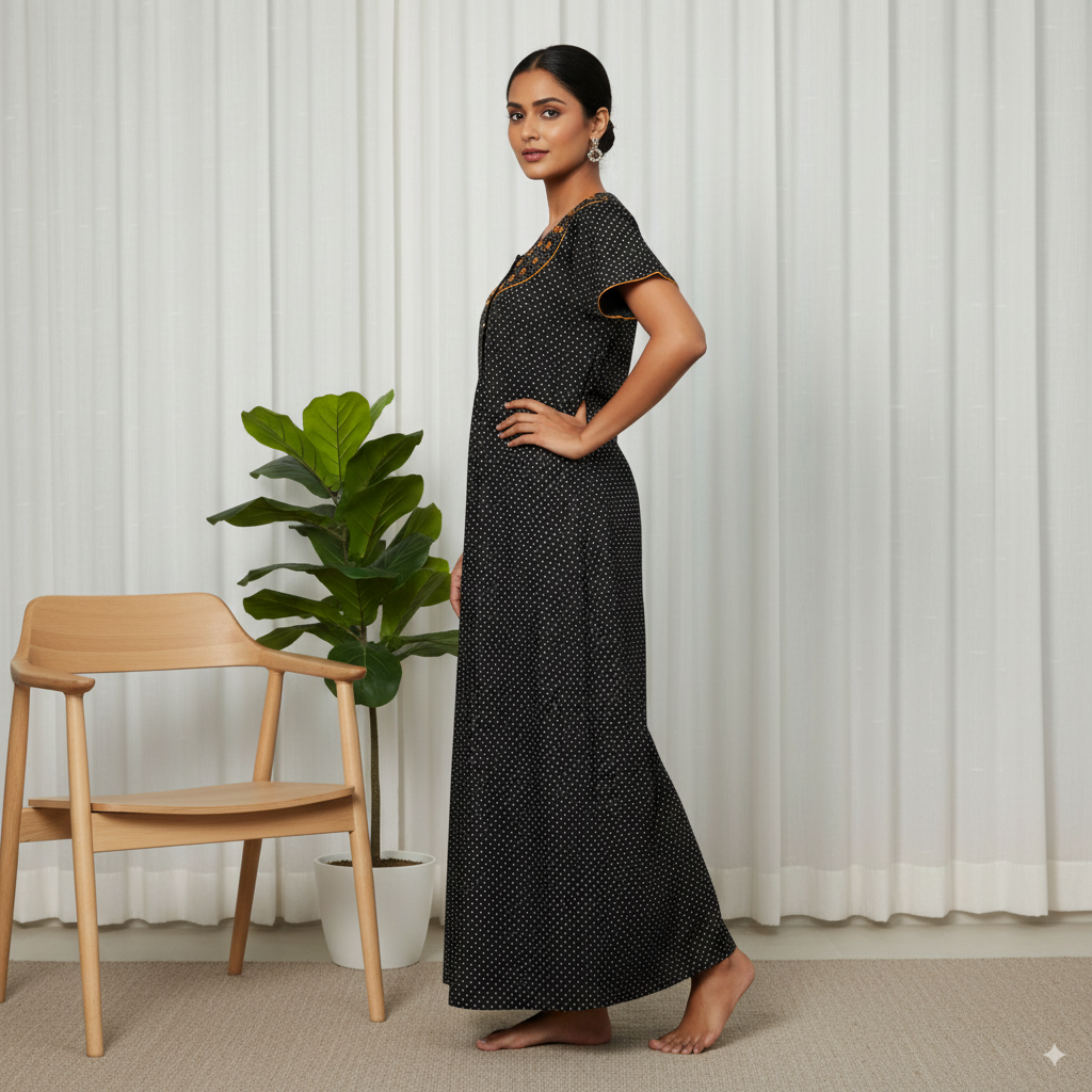 Black Cotton Nighty with Orange Floral Embroidered Neckline