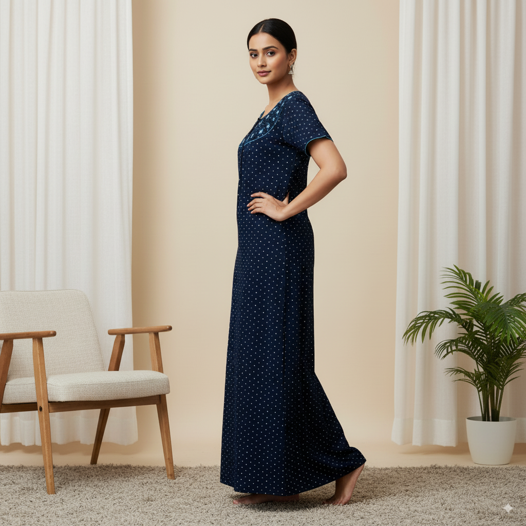 Women’s Navy Polka Nighty with Embroidered Yoke & Short Sleeves