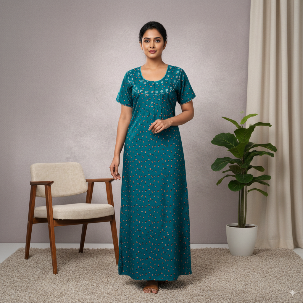 Teal Printed Cotton Nighty with Embroidered Neckline
