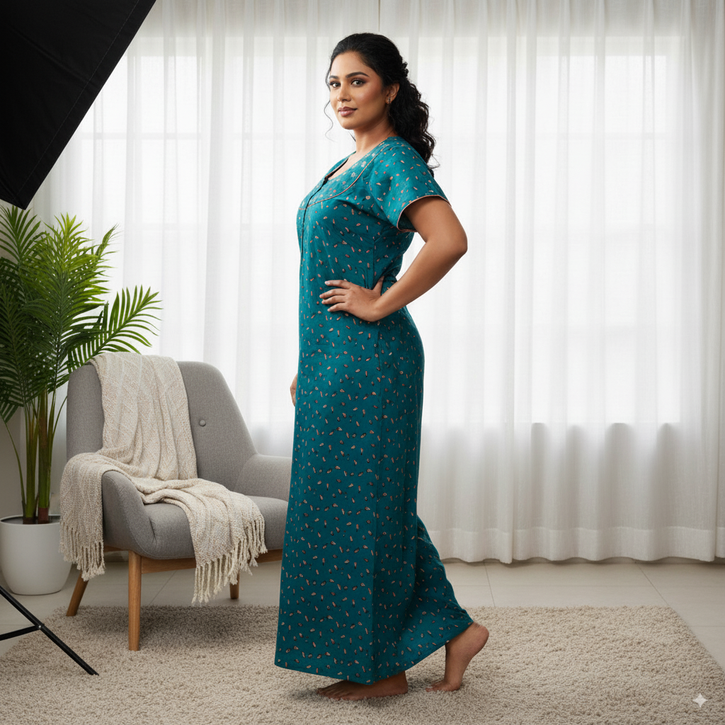 Teal Printed Cotton Nighty with Embroidered Neckline