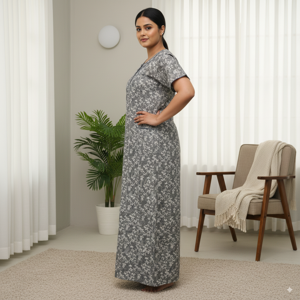Bisilizi Cotton Nighty – Slate Grey Floral, Round Neck, Short Sleeve