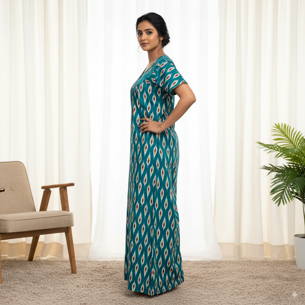 Teal Ikat Print Kaftan Nightgown with Embroidered Neckline