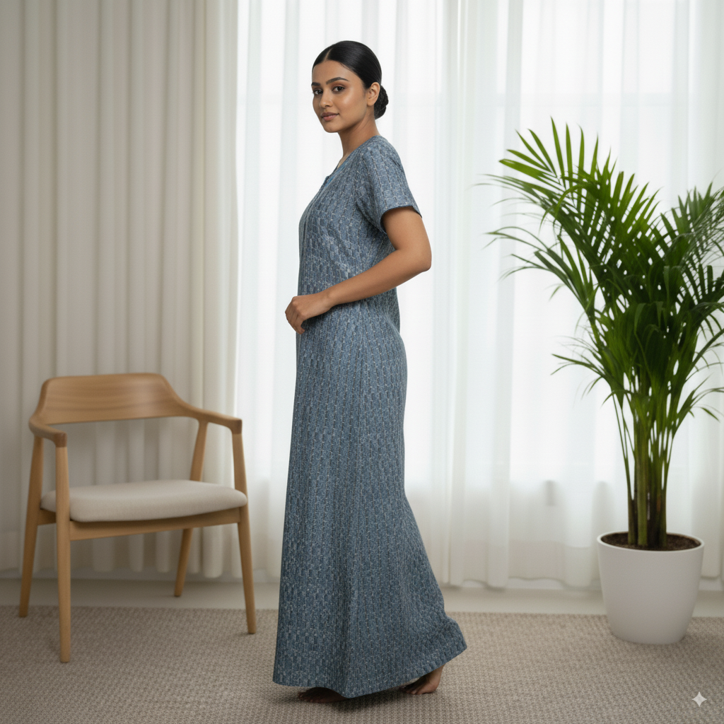 Slate Blue Geometric Printed Cotton Nighty with Embroidered Neckline