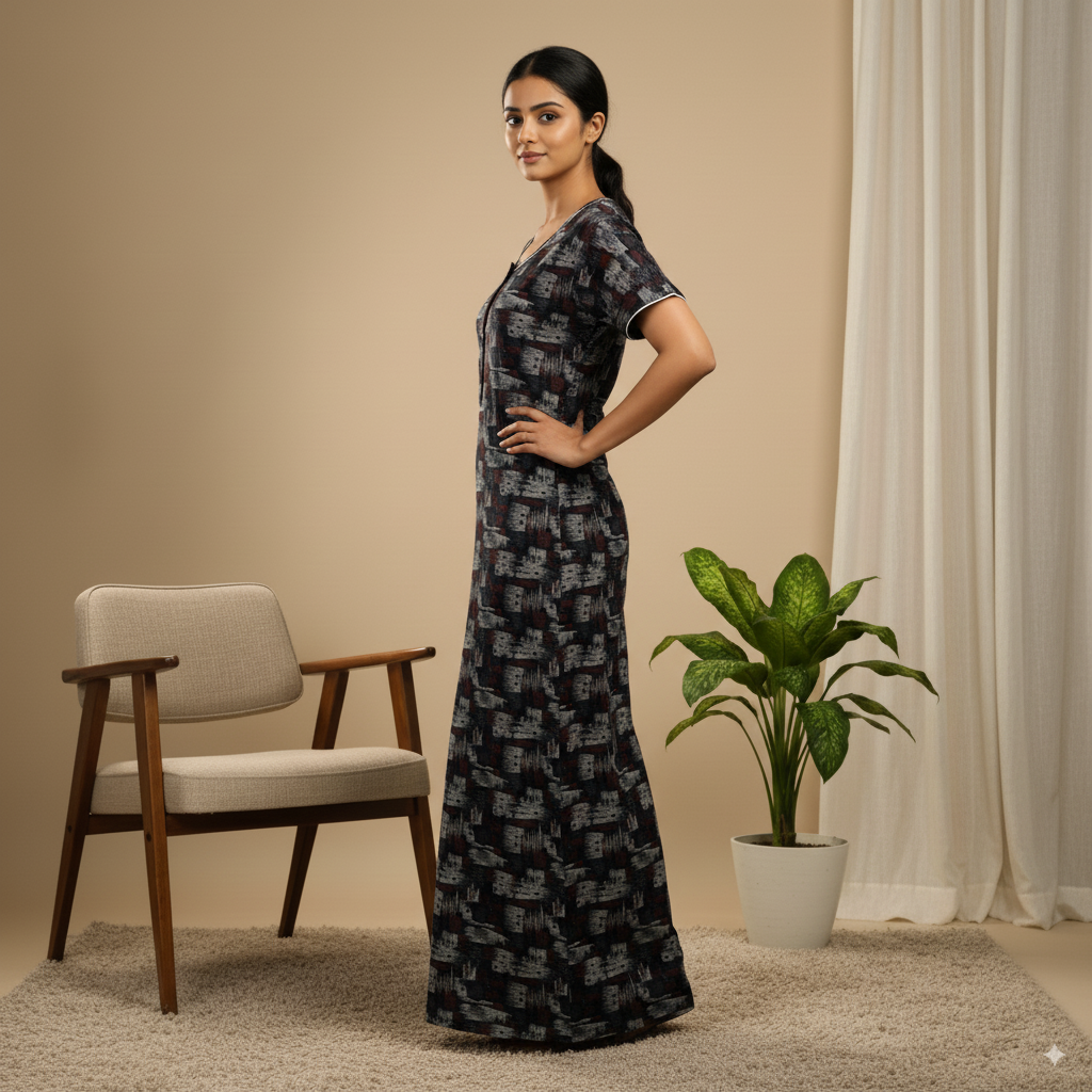 Elegant Teal Blue Printed Cotton Nighty with Front Zip