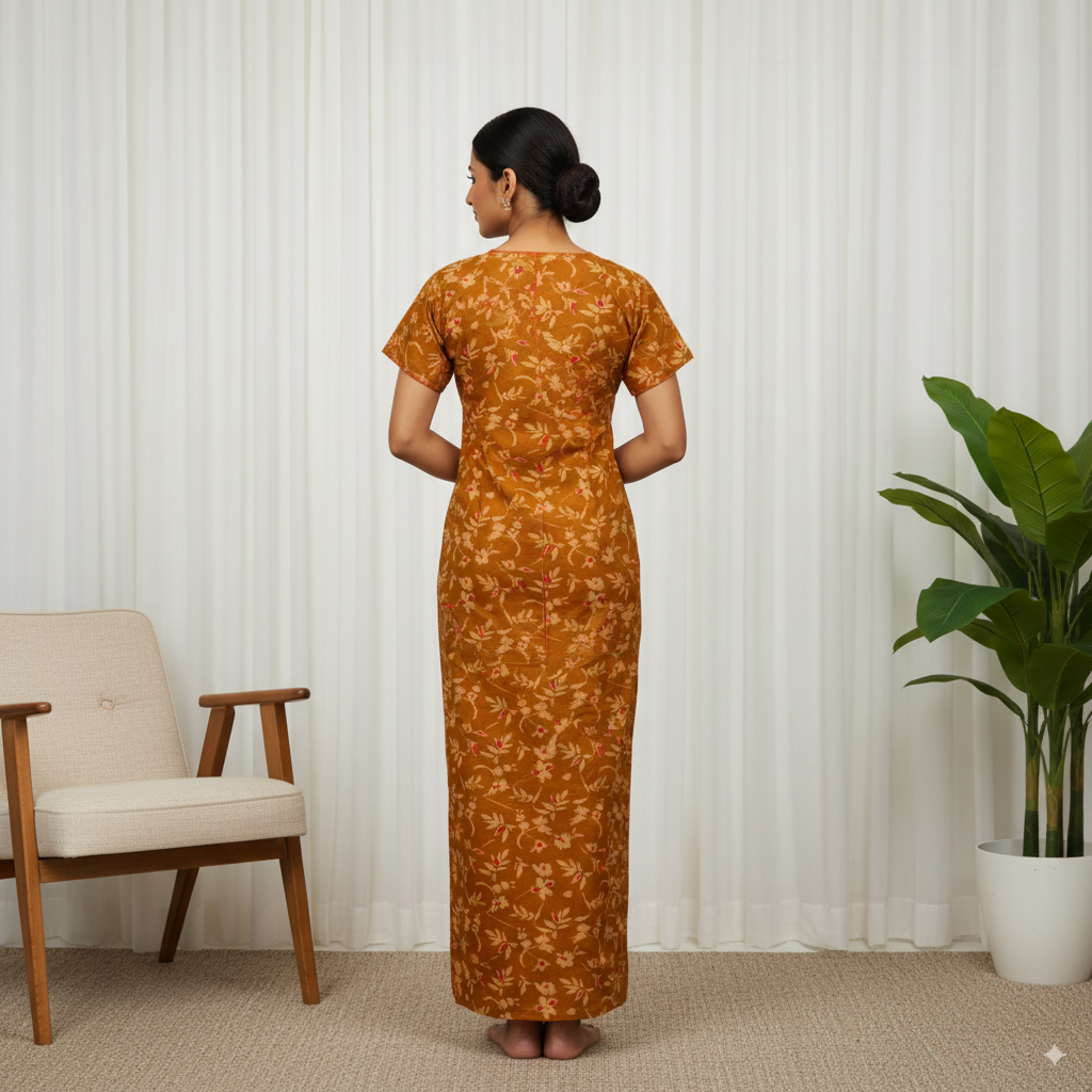 Premium Floral Printed Women’s Nighty – Mustard Brown