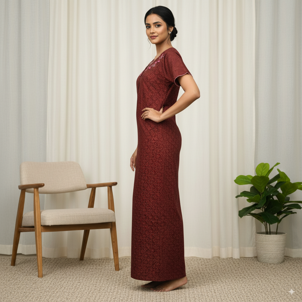 Maroon Floral Print Cotton Nighty with Pink Embroidery
