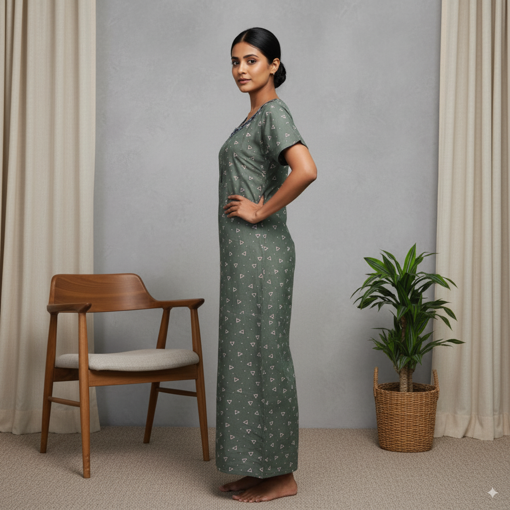 Olive Green Printed Nighty with Navy Embroidered Neckline