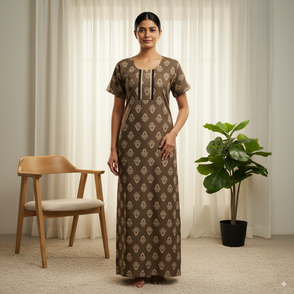 Premium Cotton Printed Nighty – Coffee Brown with Ethnic Motifs