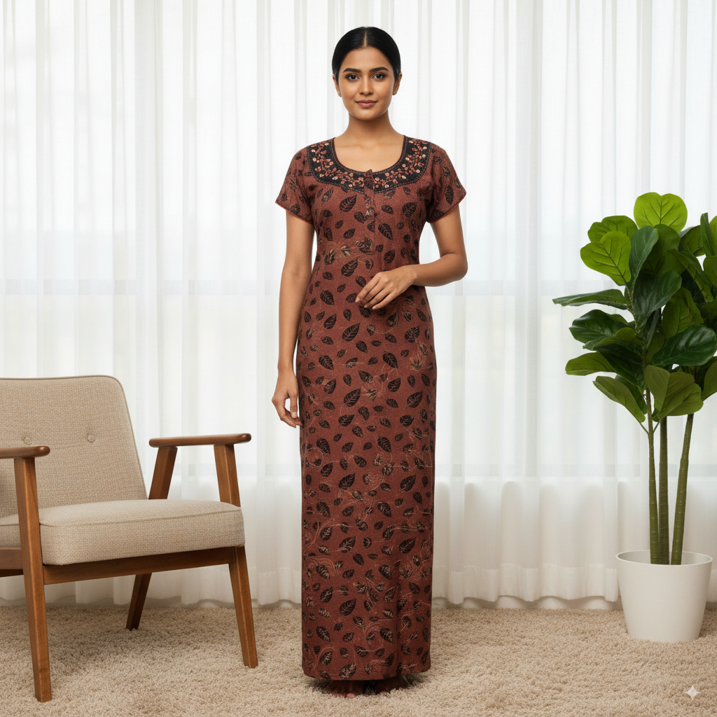 Rust Brown Leaf-Print Nighty with Embroidered Neckline