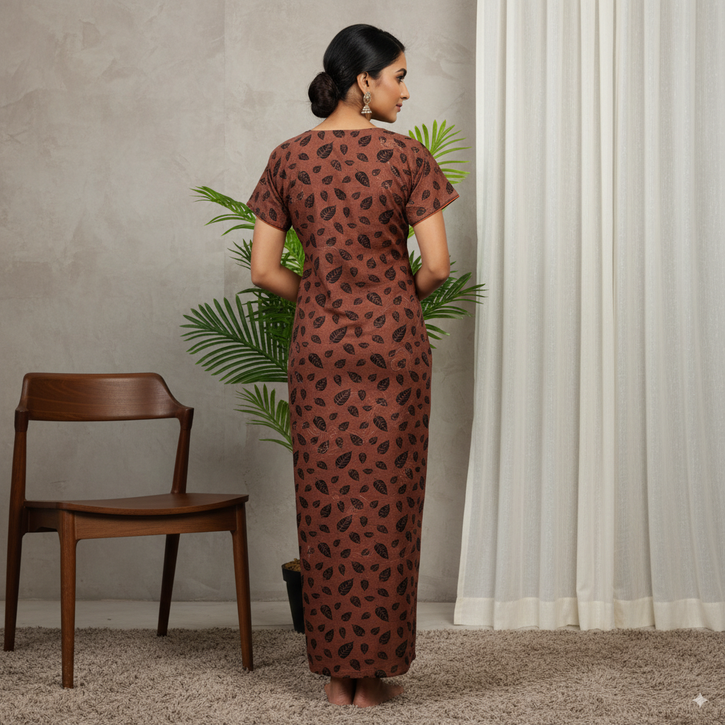 Rust Brown Leaf-Print Nighty with Embroidered Neckline