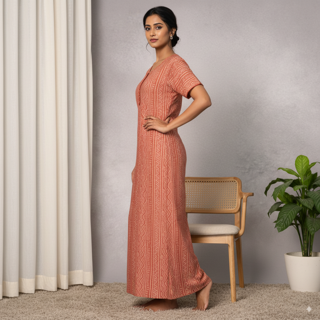 Cotton Printed Nighty – Terracotta Tribal Pattern