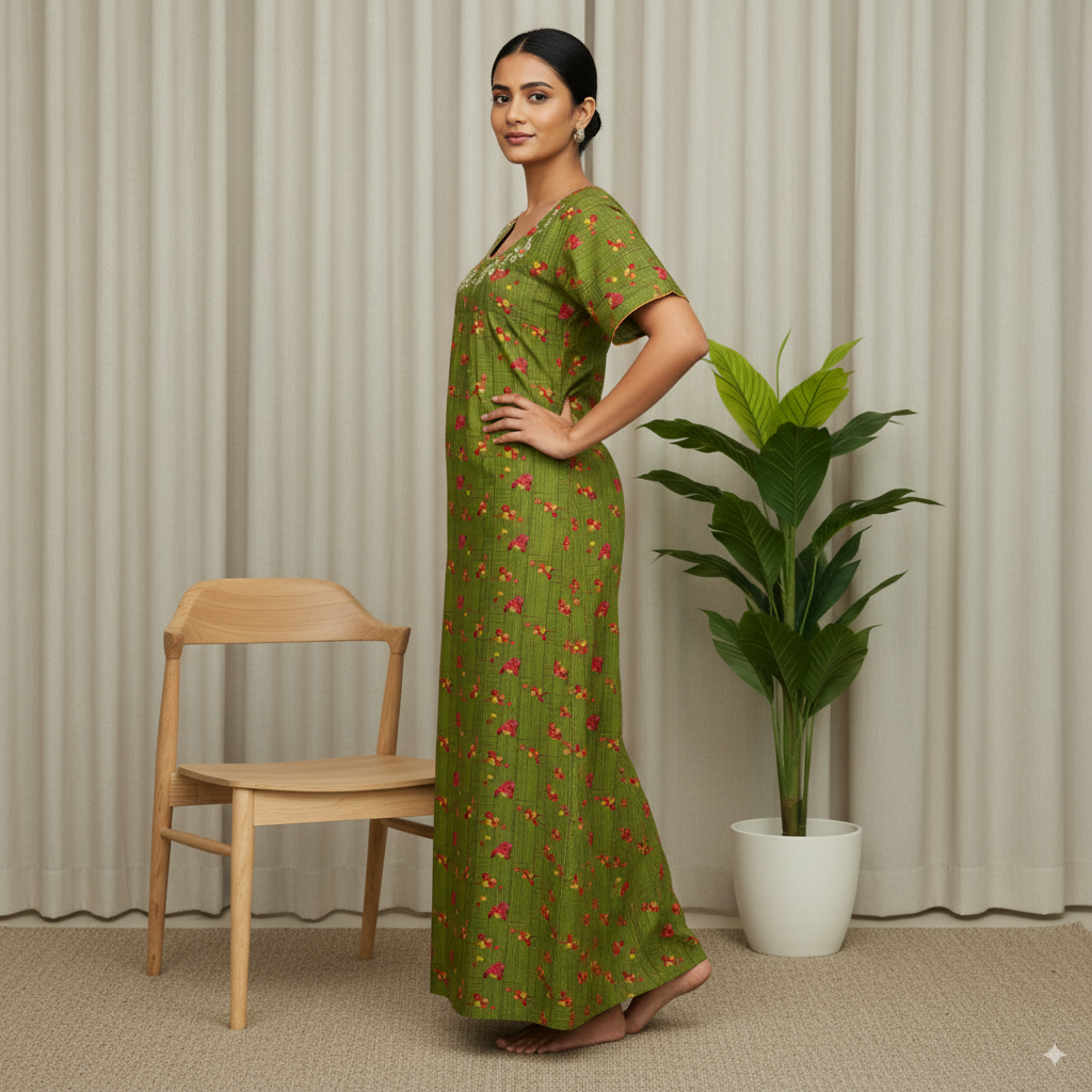 Elegant Green Floral Printed Nighty with Embroidered Neckline