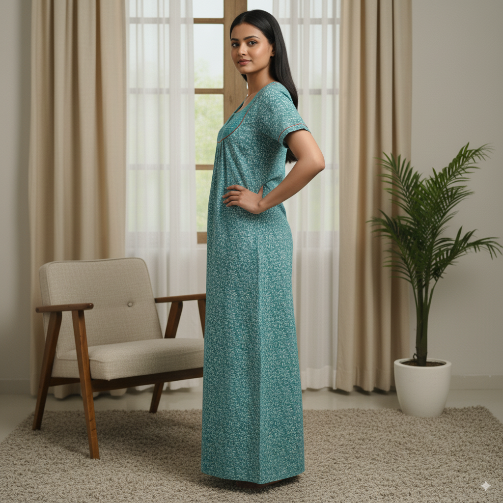 Alpine Teal Printed Cotton Nighty with Pocket