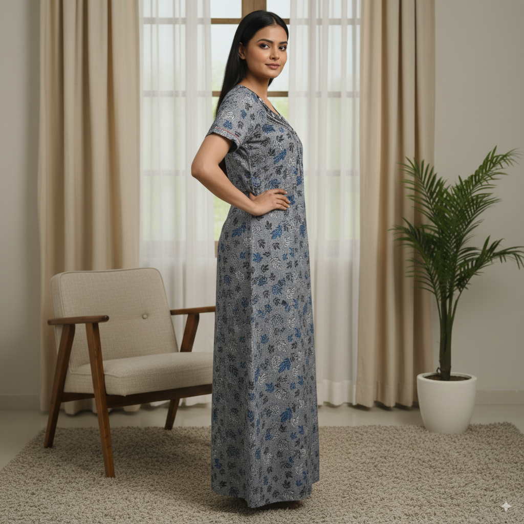 Grey Floral Printed Cotton Nighty with Black Embroidered Yoke