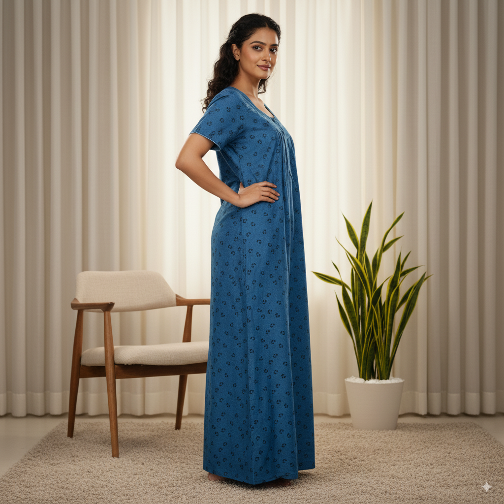 Elegant Teal Blue Cotton Nighty with Subtle Floral Prints