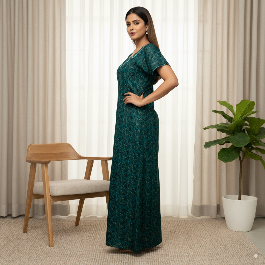Dark Green Floral Printed Cotton Nighty with Teal Embroidery