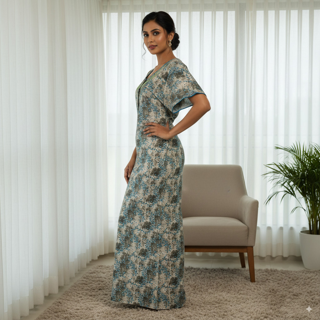 Beige & Teal Abstract Printed Cotton Nighty with Green Embroidery