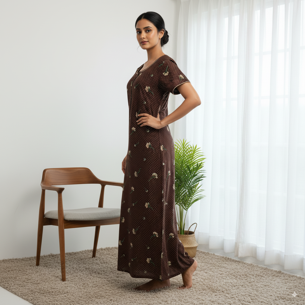 Women’s Brown Floral Printed Cotton Nighty