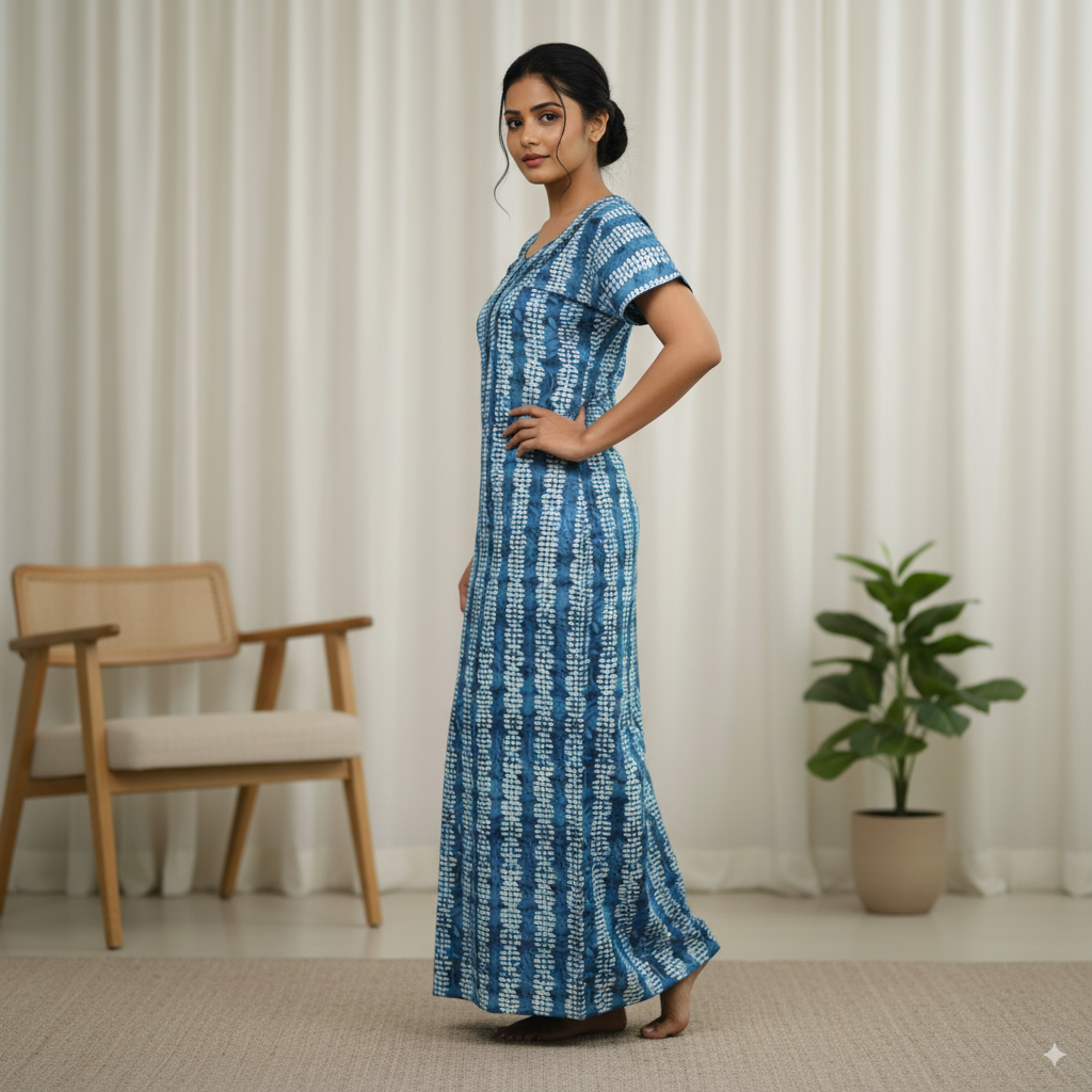Premium Cotton Blue Tie-Dye Printed Nighty