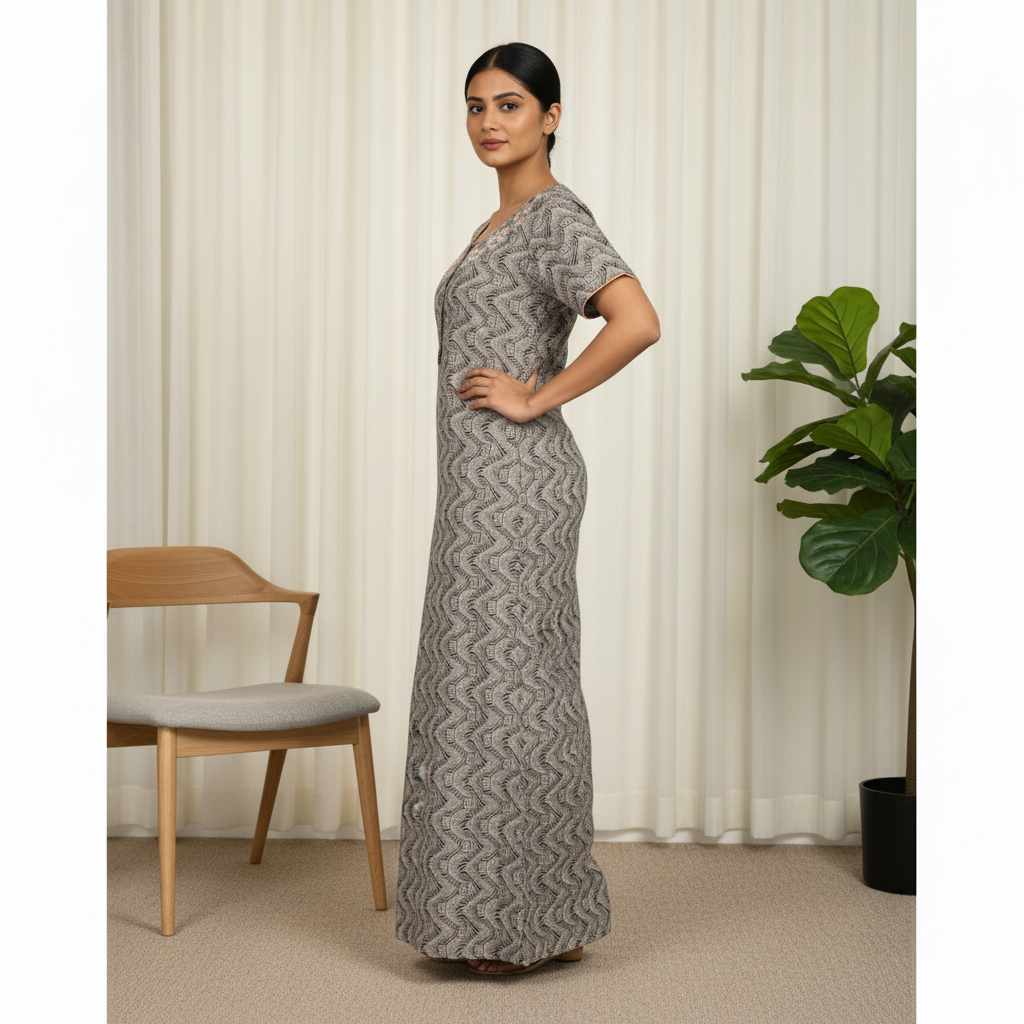 Premium Cotton Printed Nighty – Beige Zigzag Elegance