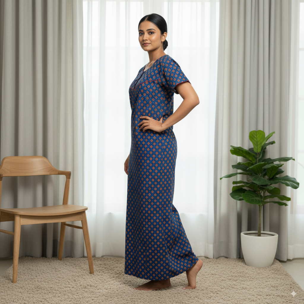 Premium Cotton Nighty – Navy Blue Geometric Print