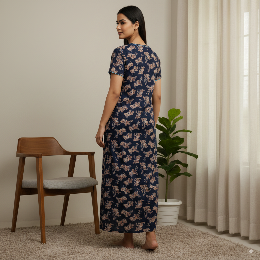 Elegant Navy Blue Floral Printed Nighty