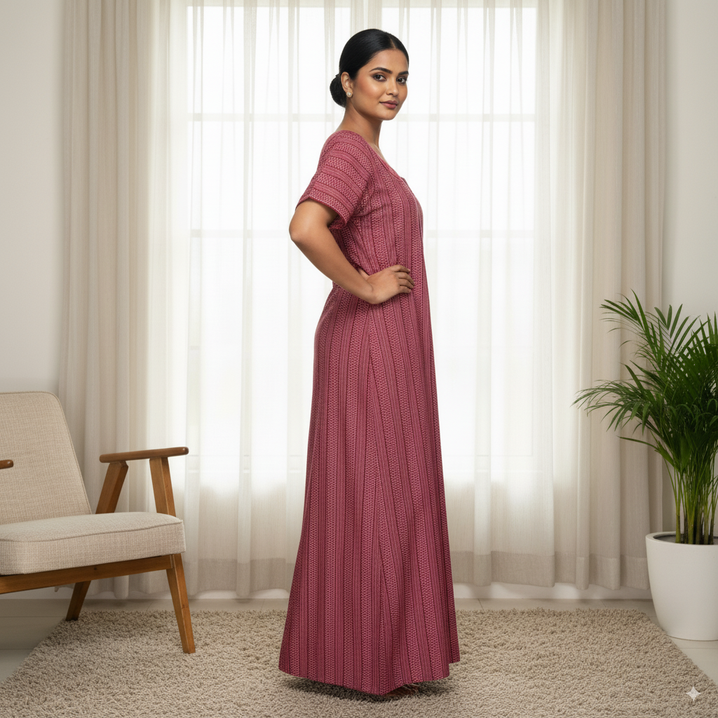 Women’s Striped Cotton Nighty – Pink with Embroidered Neckline