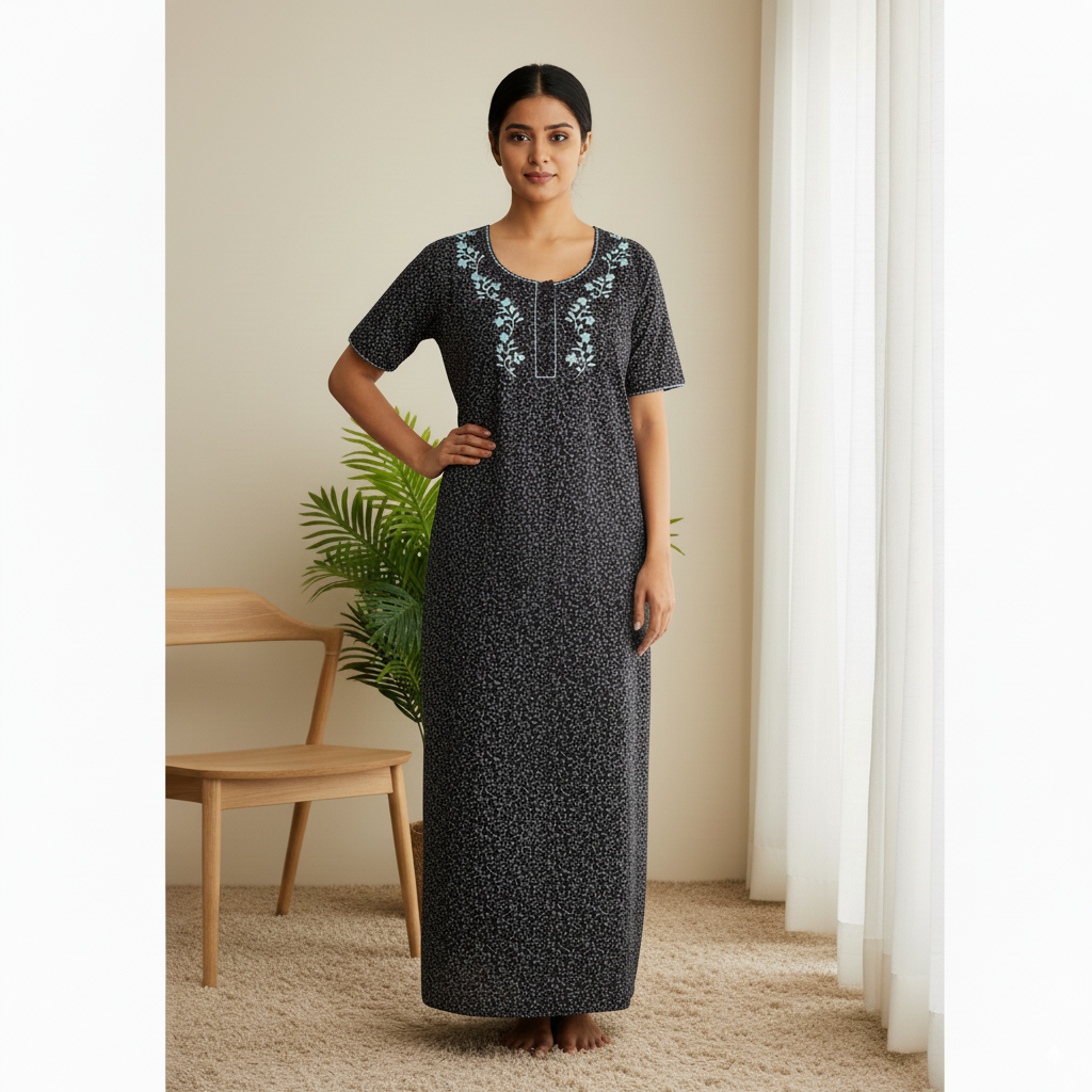 Elegant Navy Blue Cotton Nighty with Embroidered Neckline