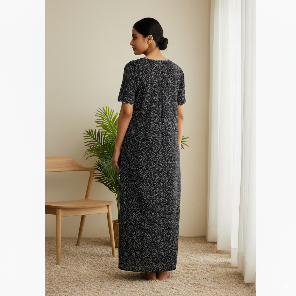 Elegant Navy Blue Cotton Nighty with Embroidered Neckline