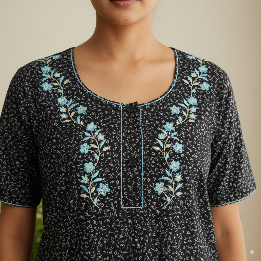 Elegant Navy Blue Cotton Nighty with Embroidered Neckline