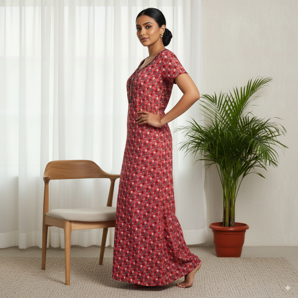 Red Printed Cotton Nighty with Contrast Black Embroidered Neck