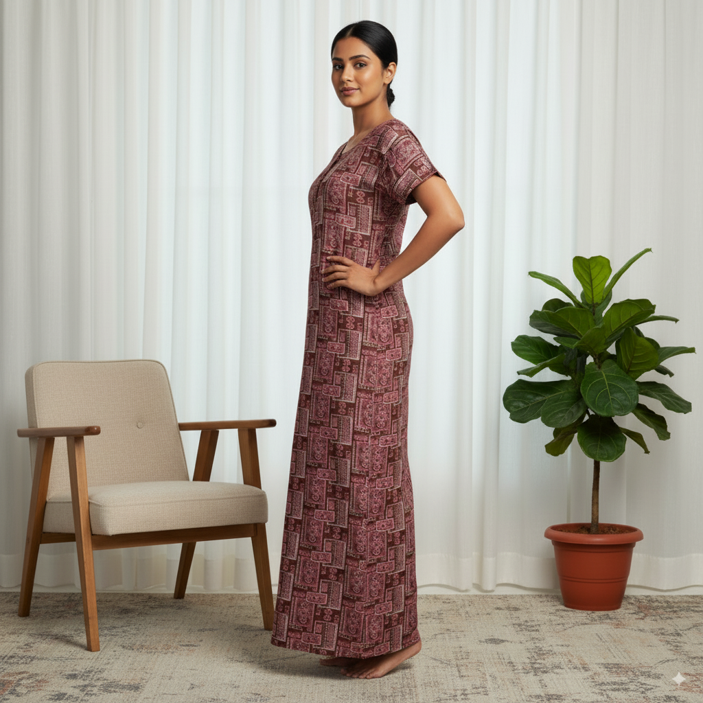 Maroon Geometric Printed Cotton Nighty