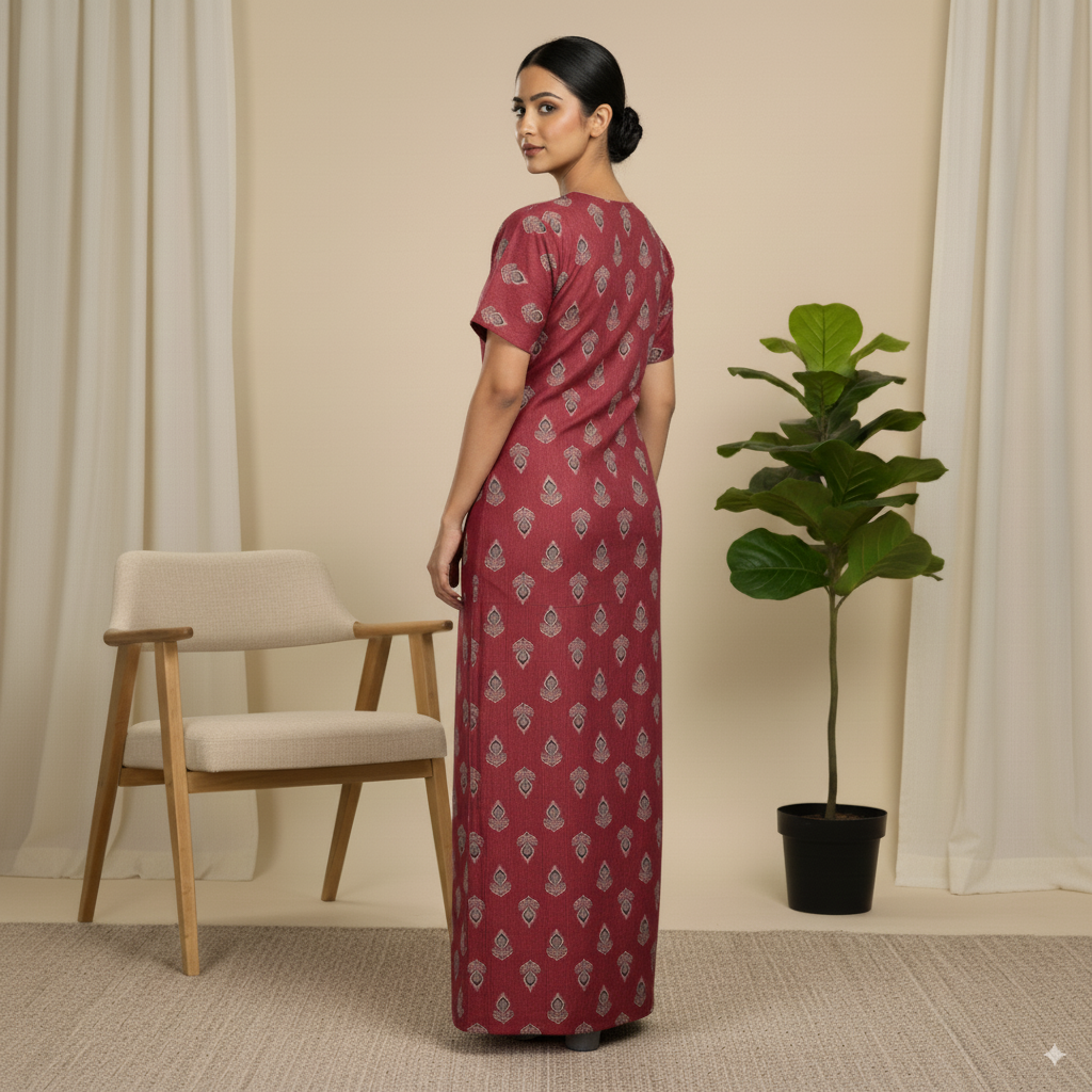 Maroon Printed Cotton Nighty with Embroidered Neckline