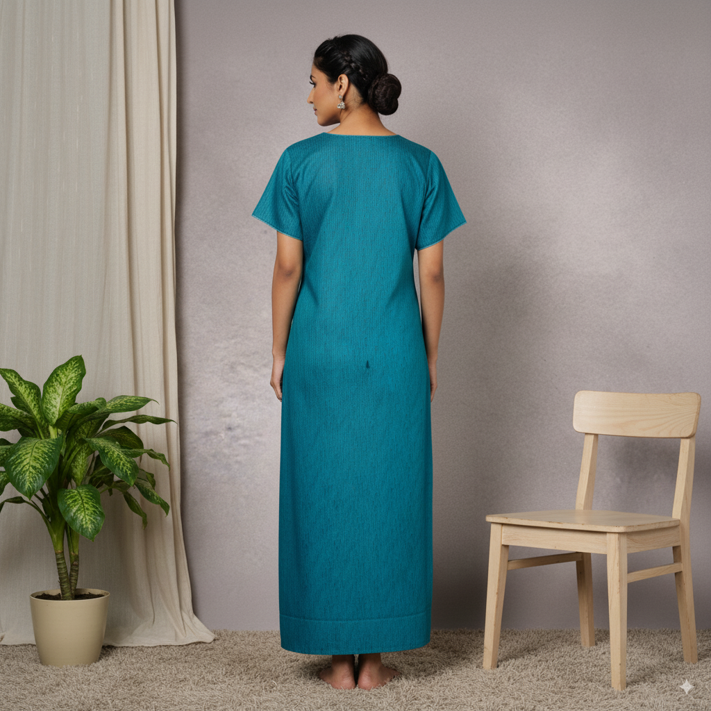 Teal Blue Cotton Nighty with Elegant Floral Neck Embroidery