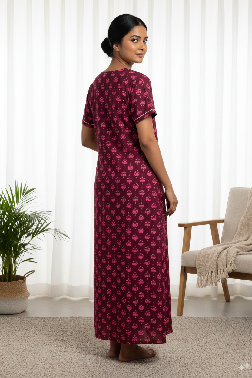 Maroon Floral Printed Cotton Nighty with Contrast Piping