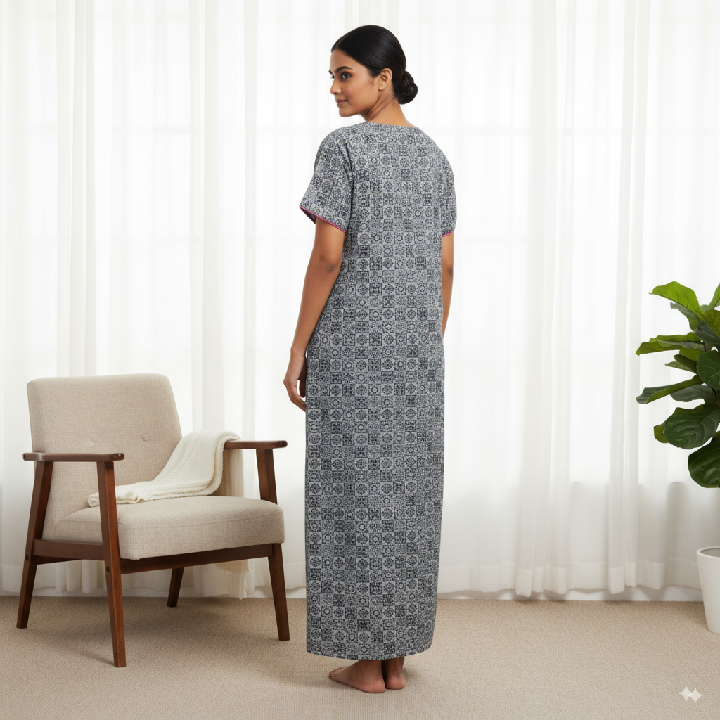 Stylish Grey Printed Cotton Nighty with Embroidered Neck