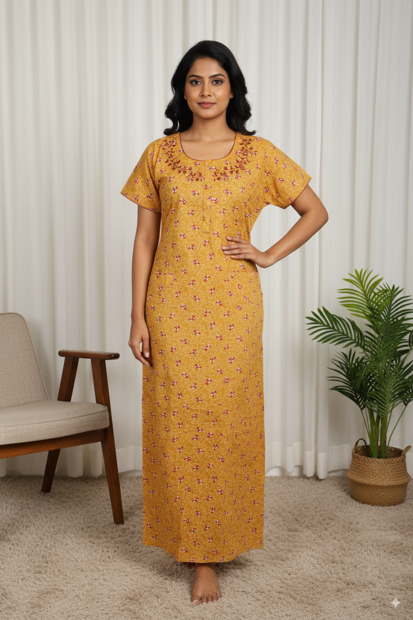 Pink Floral Printed Cotton Nighty with Neck Embroidery
