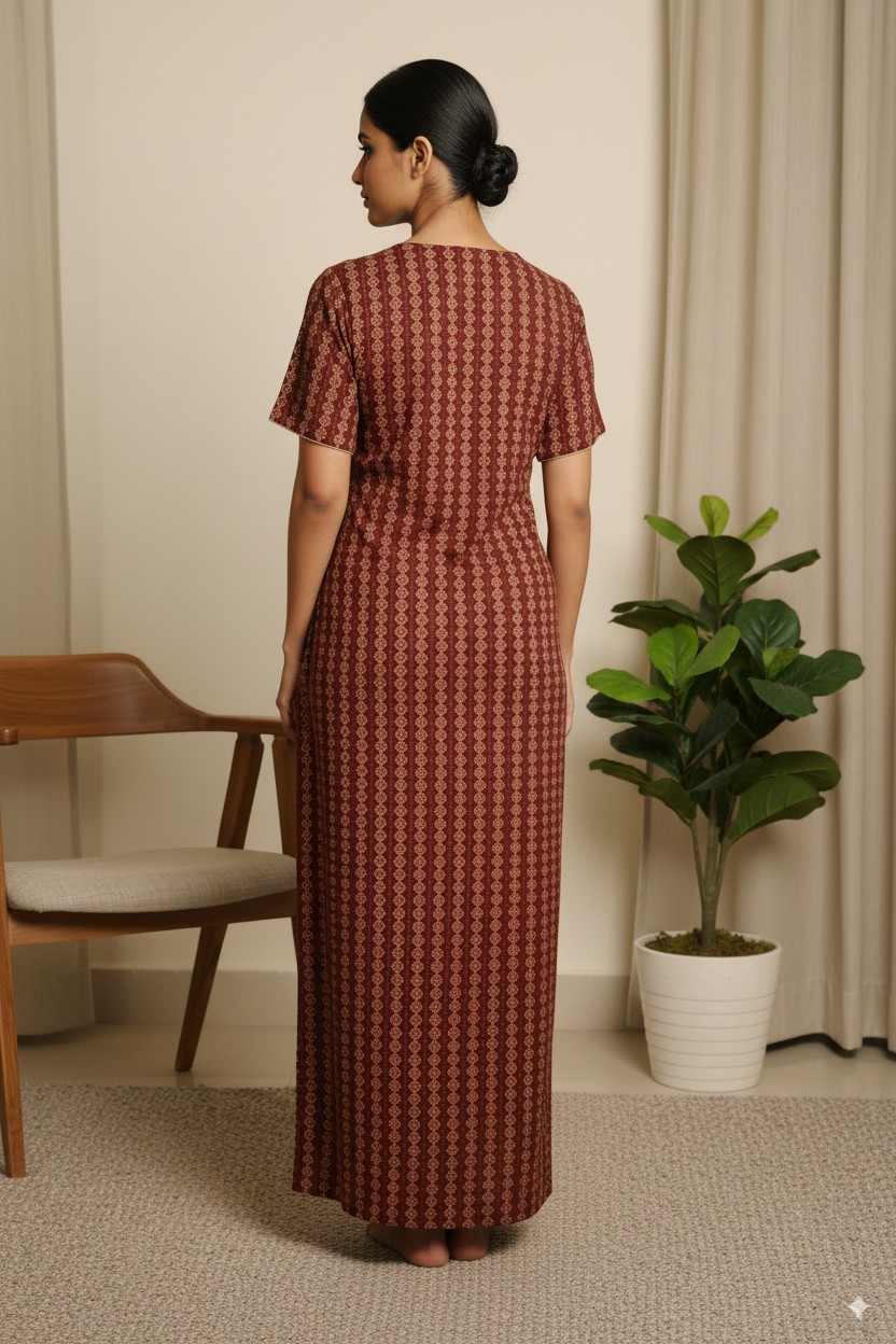 Maroon Geometric Print Cotton Nighty