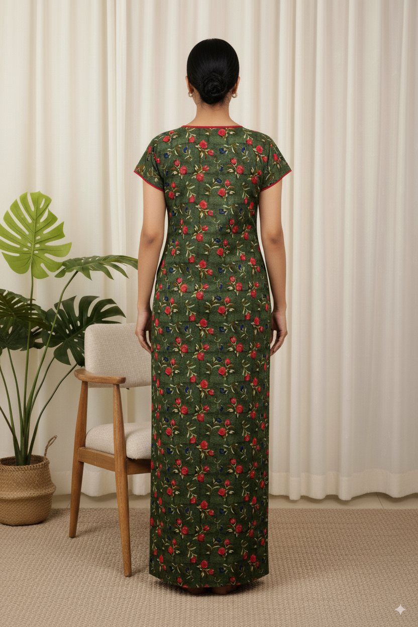 Dark Green Floral Cotton Nighty with Red Rose Print