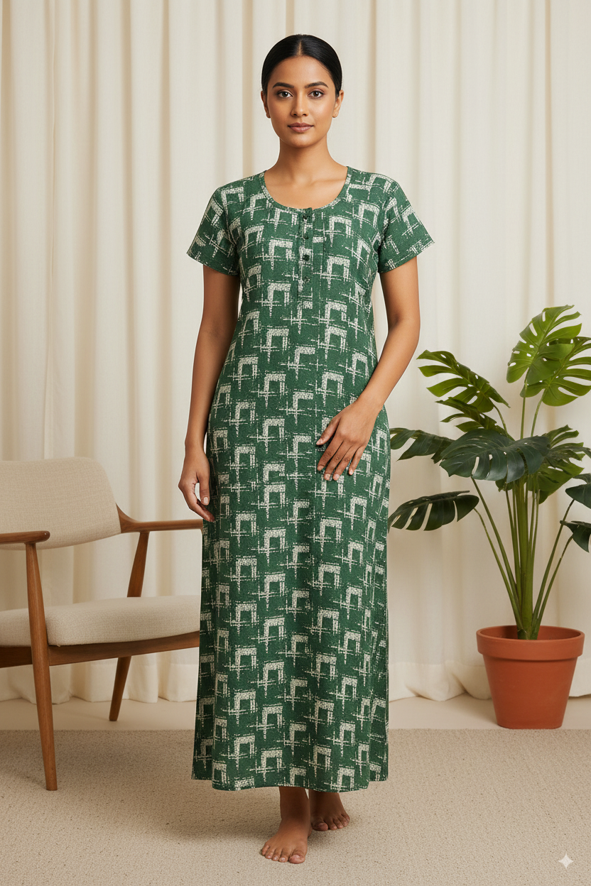 Maroon Printed Cotton Nighty – Comfortable Full-Length Loungewear
