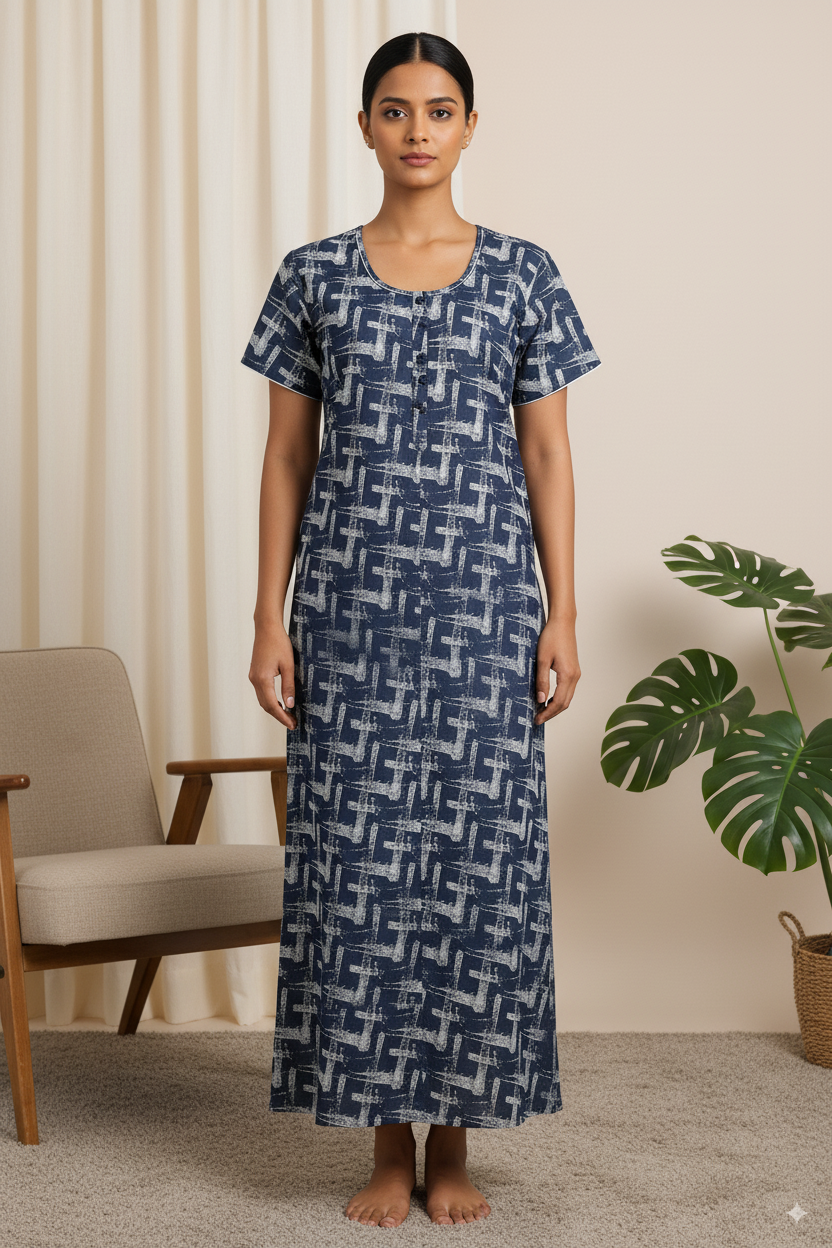 Maroon Printed Cotton Nighty – Comfortable Full-Length Loungewear