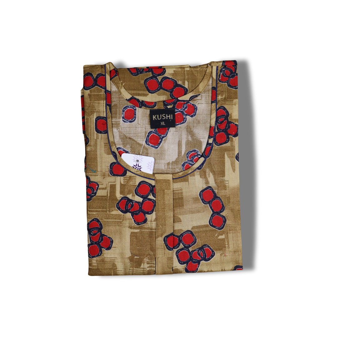Bold Black & Brown Printed Nighty with Red Floral Motifs – Cotton Comfort