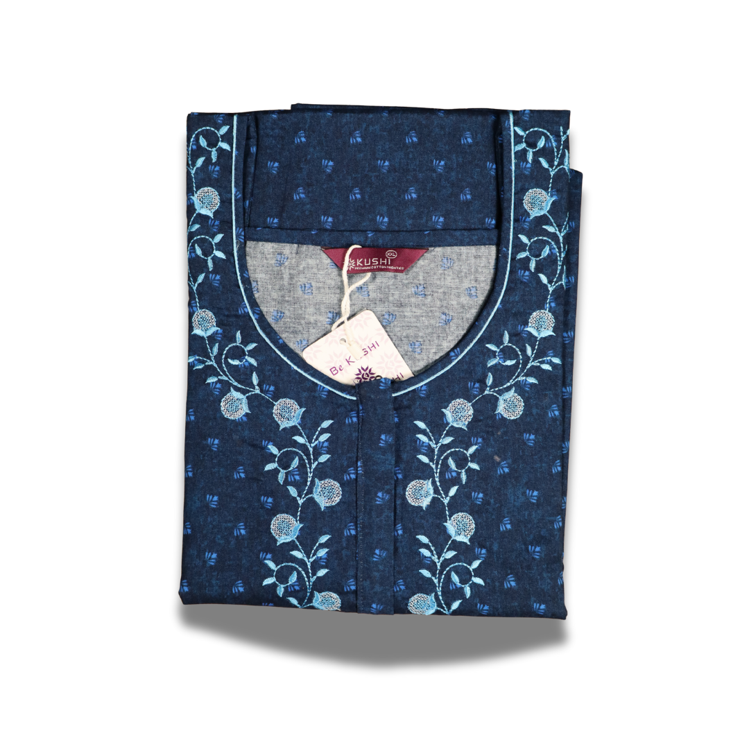 Olive Green Cotton Nighty with Yellow Floral Embroidery & All-Over Print